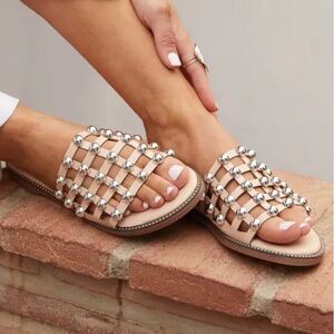 SIMMI London silver‎ tone studded slip on flat sandals Sz 8